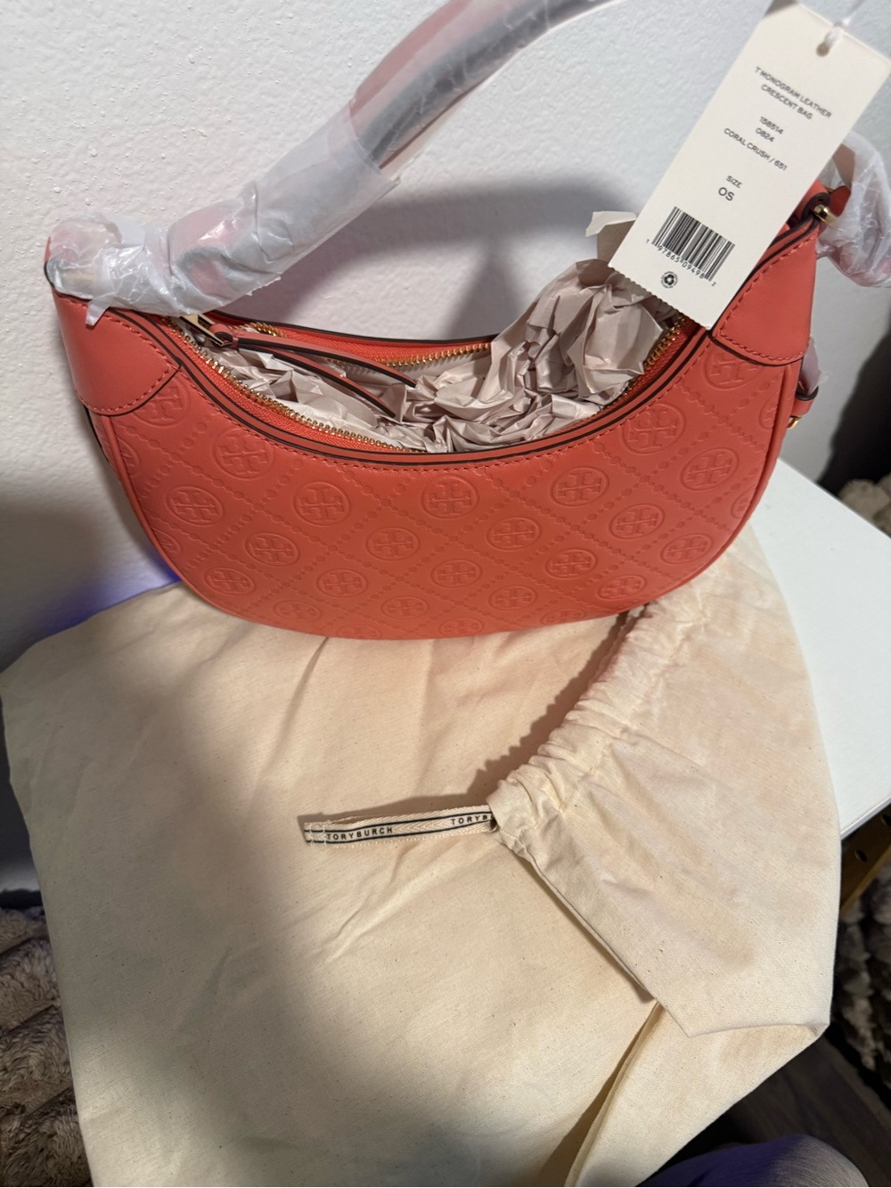 Tory Burch T Monogram Leather Crescent 
Coral Blush